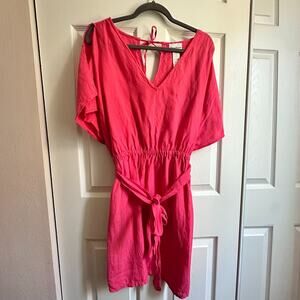 Tommy Bahama St Lucia Split Shoulder Belted Linen Dress Coverup Coral Pink Large